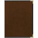 A brown leather Tamarac menu cover with black trim and gold corners.