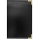 A black leather menu cover with gold corners and trim.