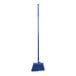 A blue broom with a long blue handle.