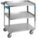 A Carlisle stainless steel utility cart with blue handles.