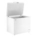 A white commercial chest freezer with an open lid and a 9.6 cubic foot capacity.