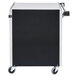 A black and silver Lakeside utility cart with wheels.