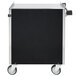 A black and silver Lakeside utility cart with wheels.