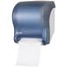 A blue and white San Jamar Tear-N-Dry paper towel dispenser.