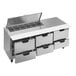 A stainless steel counter with 6 drawers.