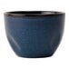 A blue Tuxton TuxTrendz bouillon cup with a black rim.