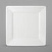 A Pearl White square Tuxton AlumaTux china plate with a plain edge.