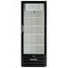 A black Beverage-Air glass door merchandiser freezer with white shelves.