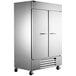 A large silver Beverage-Air reach-in freezer with two solid doors.