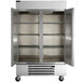 A silver Beverage-Air reach-in freezer with open doors.