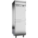 A white Beverage-Air reach-in refrigerator with one half solid door and wheels.