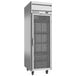 A stainless steel Beverage-Air reach-in refrigerator with glass doors.