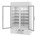 A white Beverage-Air glass door merchandising freezer with open doors.