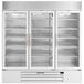 A white Beverage-Air glass door merchandiser freezer with three glass doors.