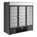 A large black glass door merchandiser freezer with three doors and multiple shelves.