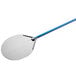 A silver pizza peel with a blue anodized aluminum handle.