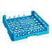 A blue plastic tray rack with holes.