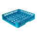 A blue plastic full-size open end heavy duty tray rack with a grid and wire divider design.