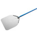 A blue and silver anodized aluminum square pizza peel with a handle.