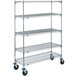 A chrome Metro wire shelving unit with rubber casters.