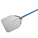 A silver and blue GI Metal square perforated pizza peel.