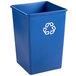 A blue Rubbermaid Untouchable recycling bin with a white recycling symbol.