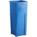 A blue Rubbermaid square recycling container with a lid.