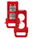 a red plastic object with holes