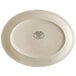 A white narrow rim stoneware platter with brown speckles and bands.