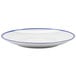 A white melamine coupe plate with a cobalt blue rim.