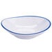 A white GET Settlement shallow bowl with a blue rim.