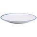 A white GET Settlement melamine dinner plate with a blue rim.