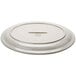 A white Libbey narrow rim stoneware platter with brown speckle and brown bands.