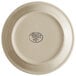 A white Libbey narrow rim stoneware plate with brown bands and a black logo.
