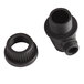 A close-up of a black plastic pipe fitting with a black plastic ring with a hole.