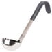 a silver ladle with a black handle