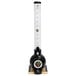 A black and white Beer Tubes tall beer tower with a glass tube on a wooden stand.