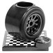 A black wheel on a checkered surface with the Beer Tubes Super Tube Race Tire Beer Tower.