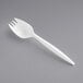 A white plastic spork with a pointy tip.