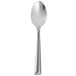 A close-up of a Walco stainless steel demitasse spoon with a truss handle.