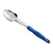 A Vollrath Jacob's Pride heavy-duty basting spoon with a blue handle.