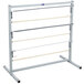 A metal Bulman paper rack with wood bars on it.