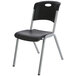 A black Lifetime stackable chair with a silver metal frame.