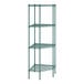 A green metal Regency wire shelving unit with four shelves.