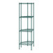 A green metal Regency wire shelving unit with four shelves.