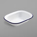 An American Metalcraft white enameled rectangular bowl with blue trim.