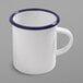 An American Metalcraft white enamel mug with blue rim.