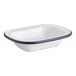 An American Metalcraft white enameled bowl with a blue rim.