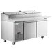 An Avantco stainless steel pizza prep table with two doors.