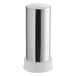 A silver cylinder with a white base.